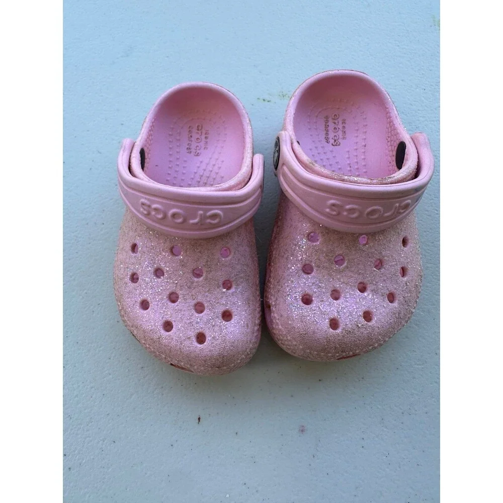 Crocs Toddler Girl Pink Classic Glitter Croslite Foam Round Toe Slip On Clogs 6